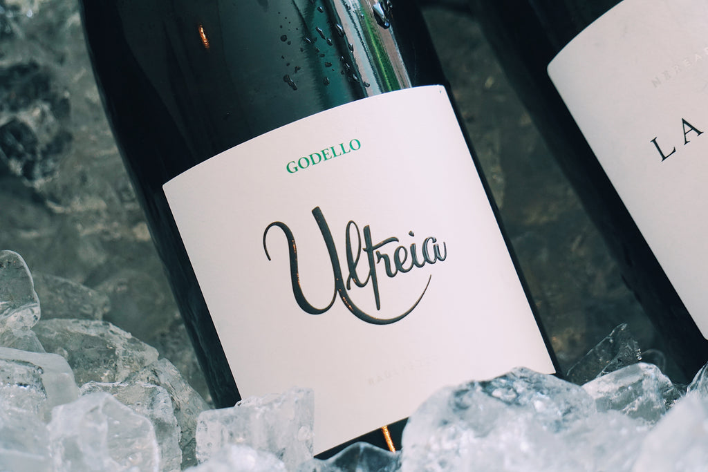 Raul Perez Wine bottle 'Ultreia' with 'Godello' variety on a bed of ice.