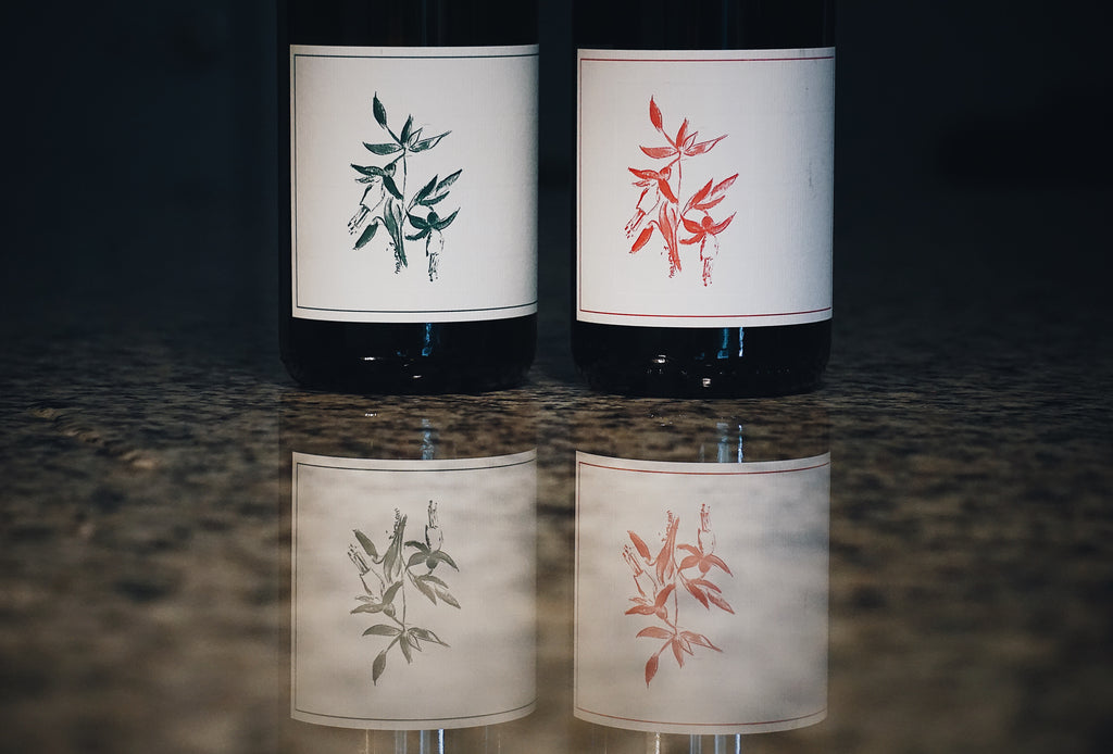 Two Arnot Roberts wine bottles with decorative labels featuring plant illustrations on a reflective surface.